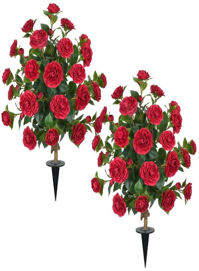 MHMJON 2 Packs 35.4" Artificial Camellia Tree Outdoor, 3FT Fake Flower Trees UV Resistant Faux Bushes Outdoor for Patio Porch Garden Indoor Flower Pots Home Decoration (Red) - Image 1